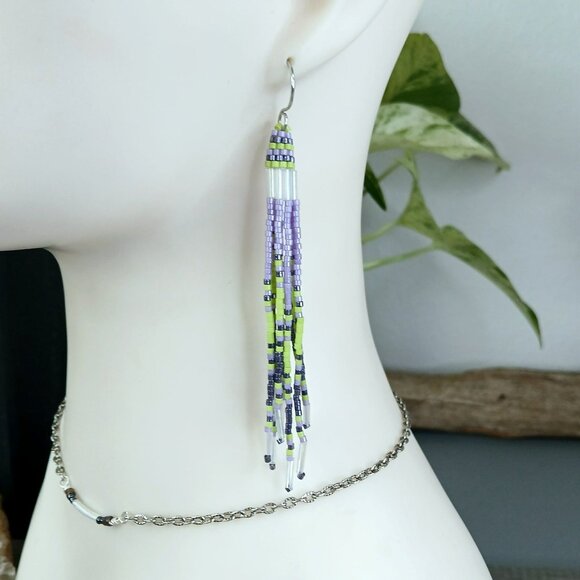 Jellyfish Beaded Fringe Shoulder Duster Dangle Earrings, Purple & Green 4.5" - Picture 1 of 10